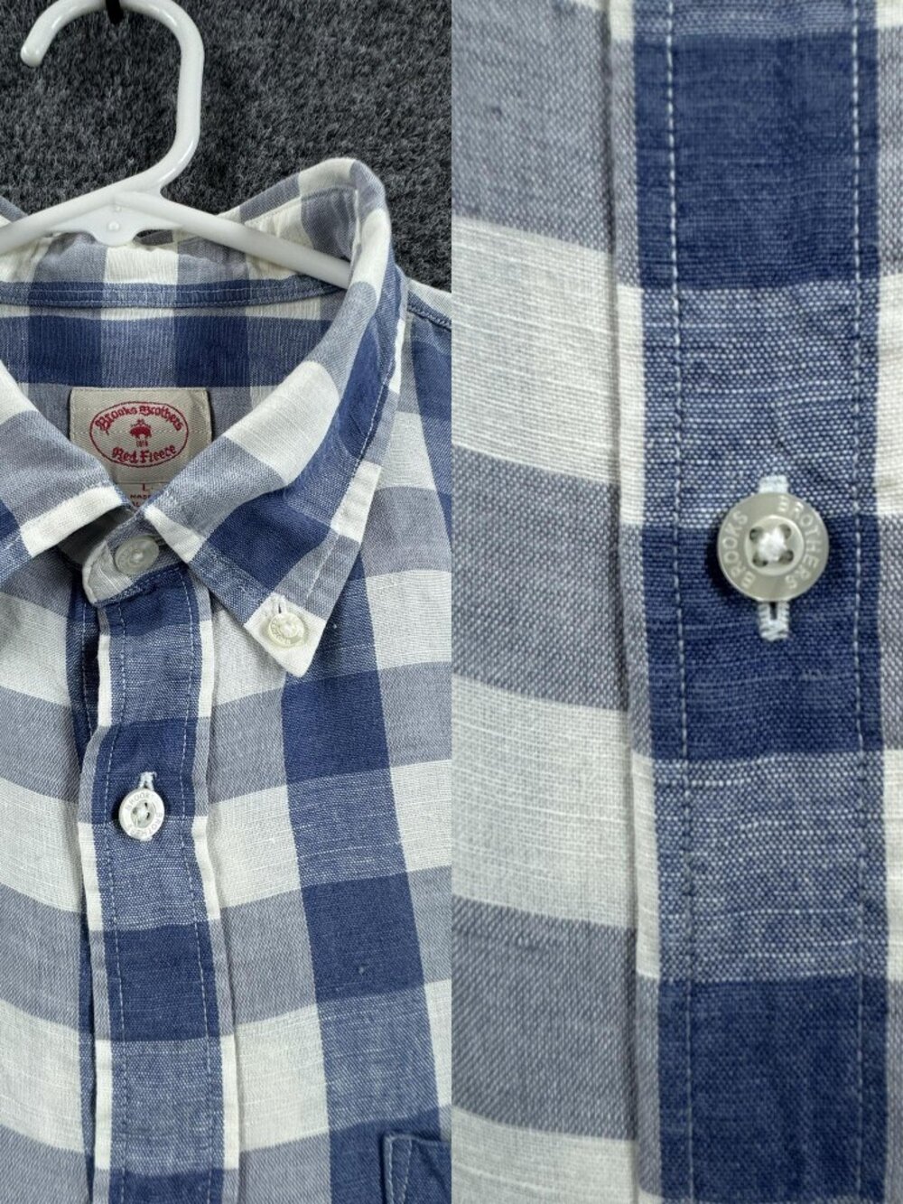 Brooks Brothers Linen Cotton Check Blue White Button-Down Large Long Sleeve Men